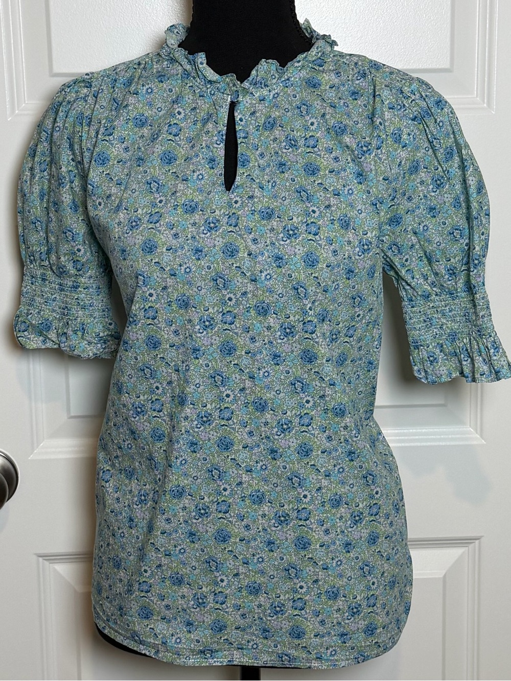 J.Crew Liberty Amelie Floral Puff-Sleeve Top Blue Green Small